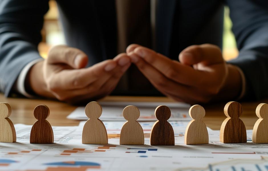 Fileira de bonecos de madeira de diferentes tons sobre papéis com gráficos, com as mãos de um executivo ao fundo em um gesto de proteção ou coordenação.