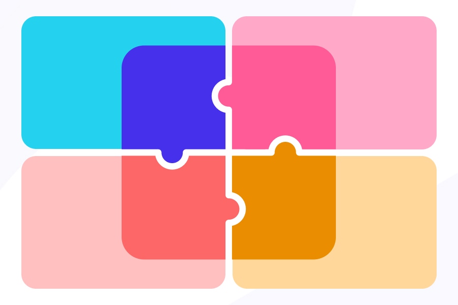 Imagem representando um quebra-cabeça com quatro peças coloridas, simbolizando colaboração e união. Ideal para temas de trabalho em equipe, integração e resolução de problemas.